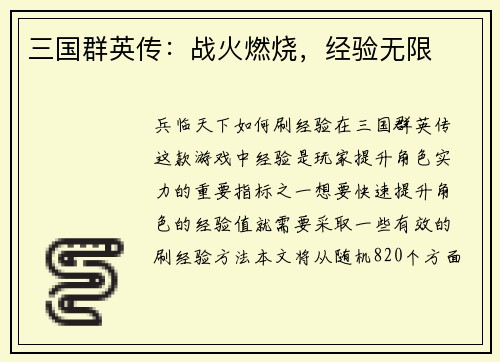 三国群英传：战火燃烧，经验无限